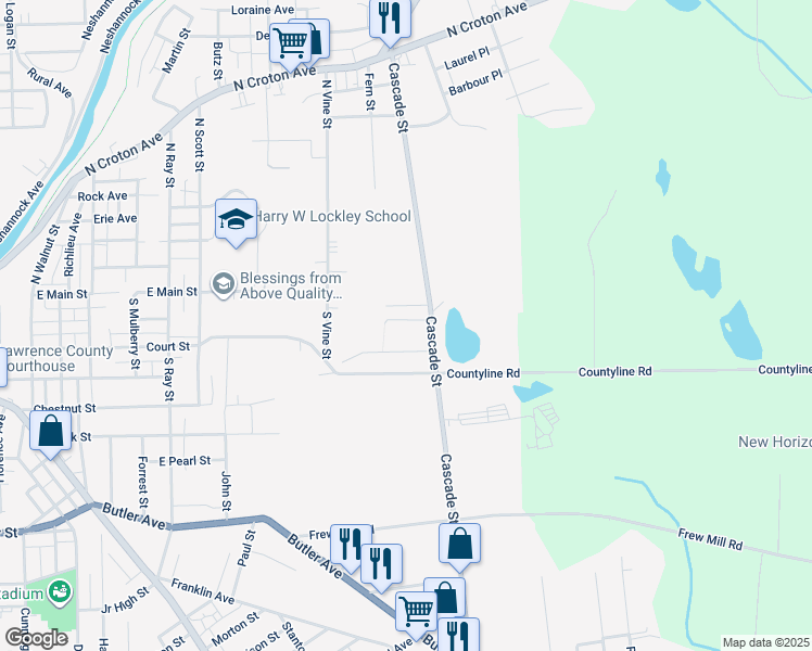 map of restaurants, bars, coffee shops, grocery stores, and more near 1144 Pin Oak Drive in New Castle
