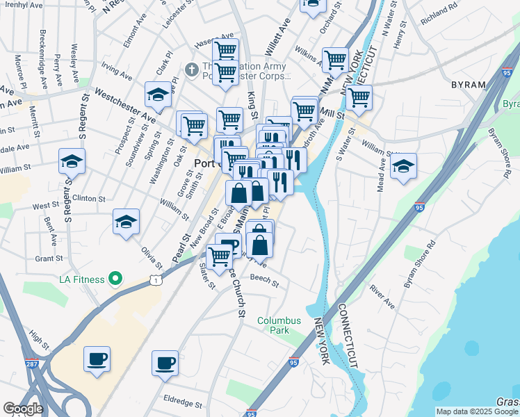 map of restaurants, bars, coffee shops, grocery stores, and more near 24 Waterfront Place in Port Chester