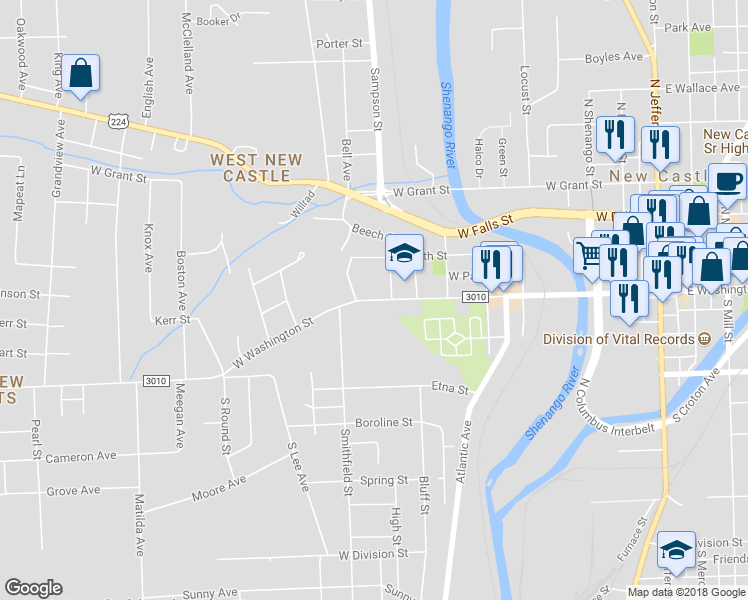 map of restaurants, bars, coffee shops, grocery stores, and more near 811 West Washington Street in New Castle