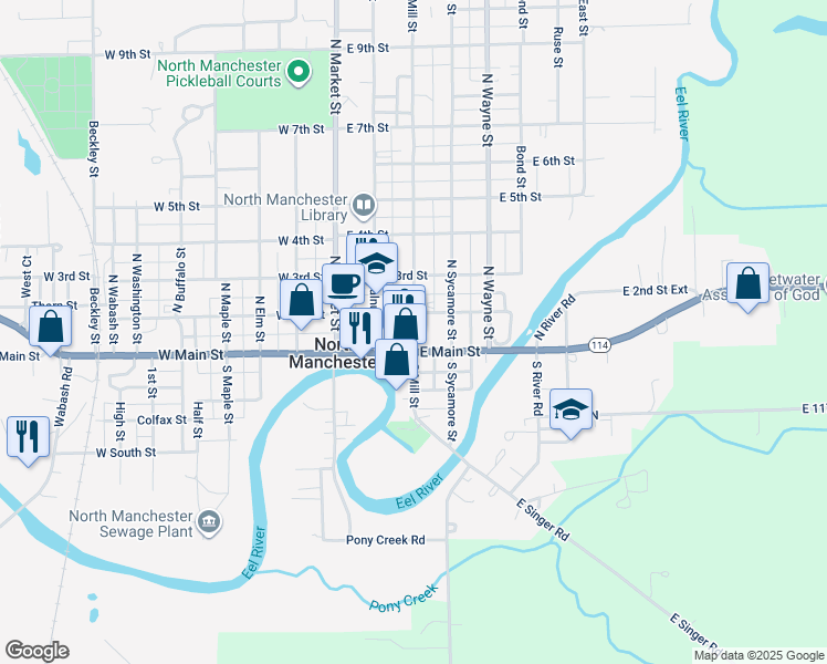map of restaurants, bars, coffee shops, grocery stores, and more near 153 North Mill Street in North Manchester