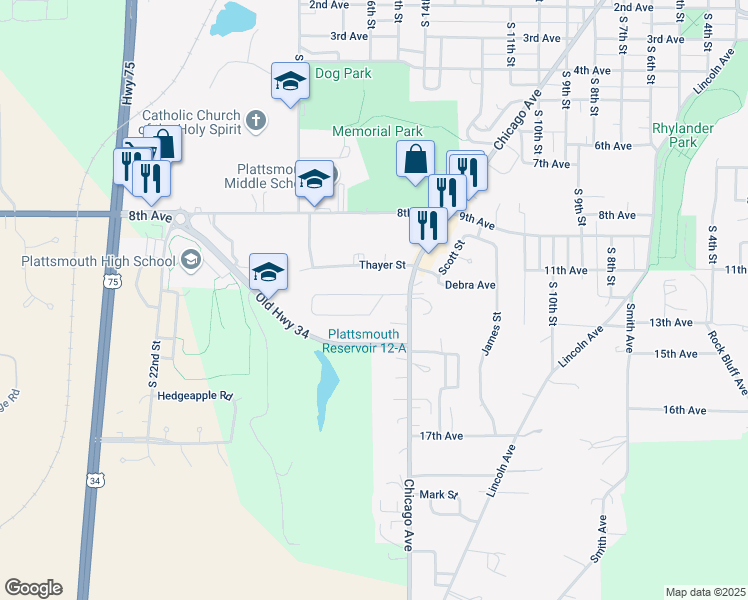 map of restaurants, bars, coffee shops, grocery stores, and more near 1515 Valley Street in Plattsmouth