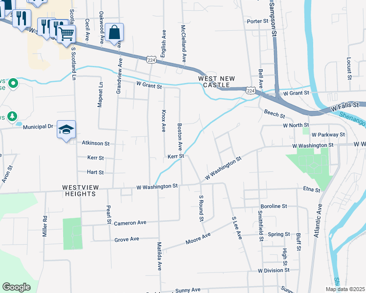 map of restaurants, bars, coffee shops, grocery stores, and more near 505 Boston Avenue in New Castle