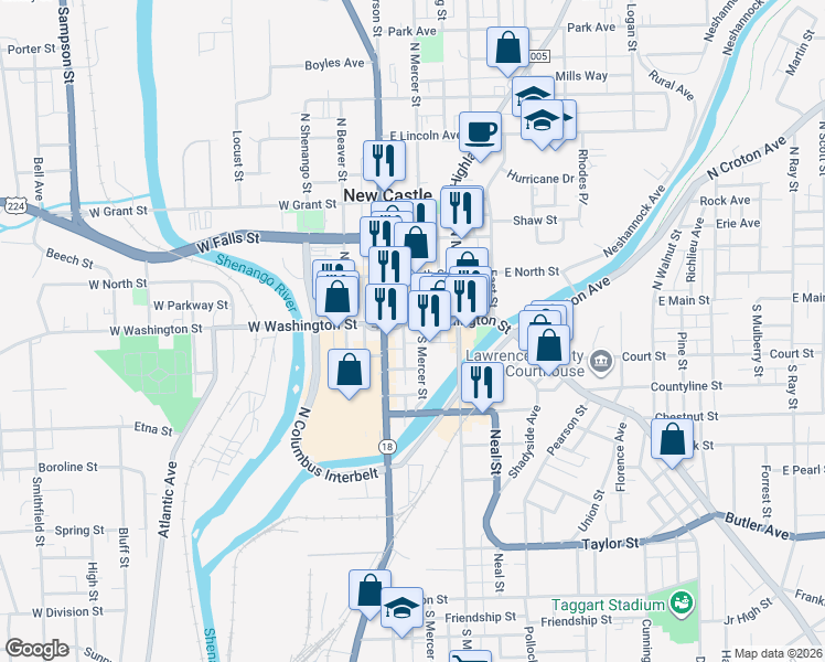 map of restaurants, bars, coffee shops, grocery stores, and more near 30 East Washington Street in New Castle