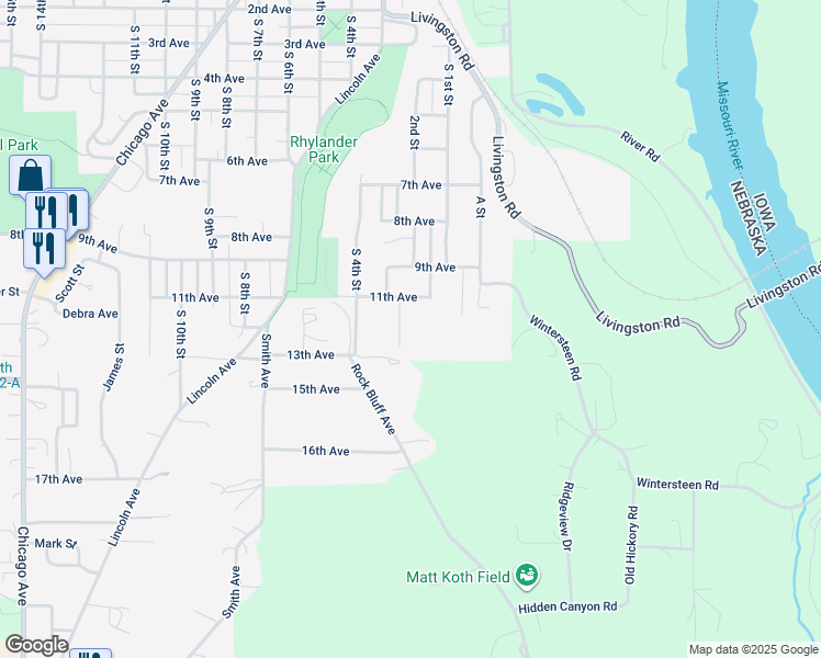 map of restaurants, bars, coffee shops, grocery stores, and more near 1174 Meadow Drive in Plattsmouth