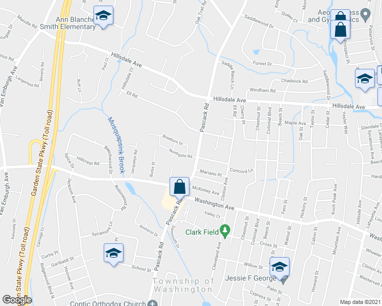 map of restaurants, bars, coffee shops, grocery stores, and more near 1 Braeburn Drive in Township of Washington
