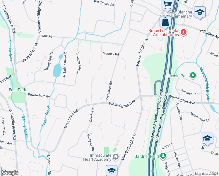 map of restaurants, bars, coffee shops, grocery stores, and more near 767 Wearimus Road in Township of Washington