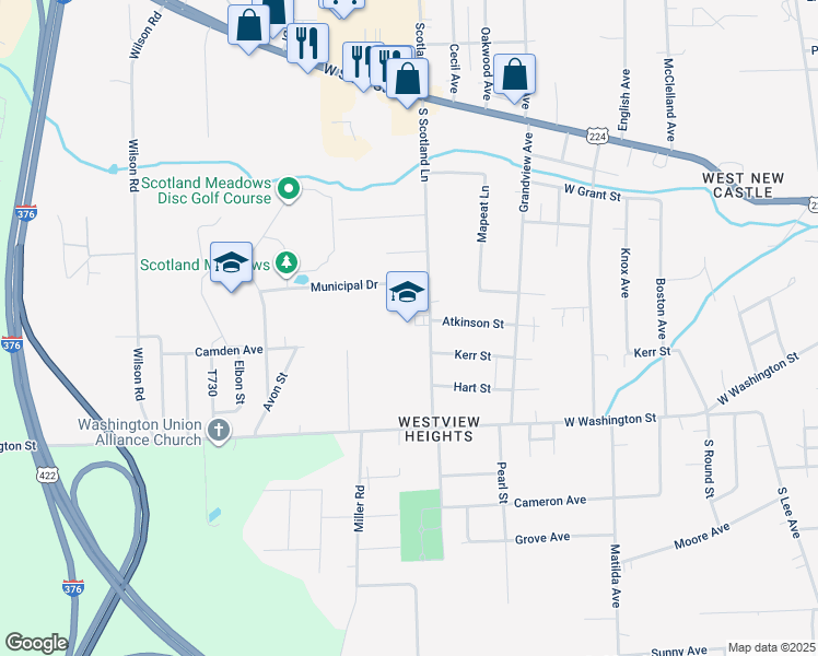 map of restaurants, bars, coffee shops, grocery stores, and more near 500 South Scotland Lane in New Castle