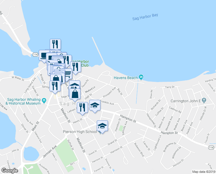 map of restaurants, bars, coffee shops, grocery stores, and more near 98 Bay Street in Sag Harbor