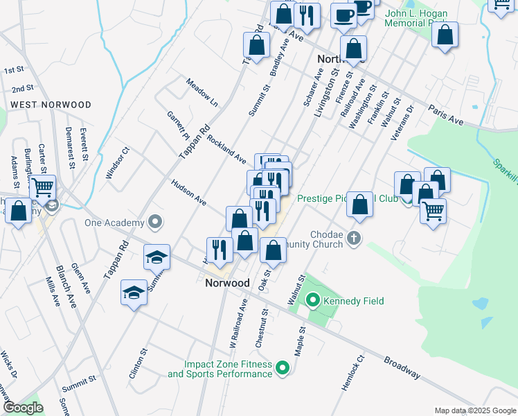 map of restaurants, bars, coffee shops, grocery stores, and more near 521 Livingston Street in Norwood