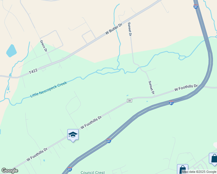 map of restaurants, bars, coffee shops, grocery stores, and more near West Foothills Drive in Sugarloaf