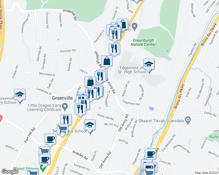map of restaurants, bars, coffee shops, grocery stores, and more near 2 Edgemont Circle in Scarsdale