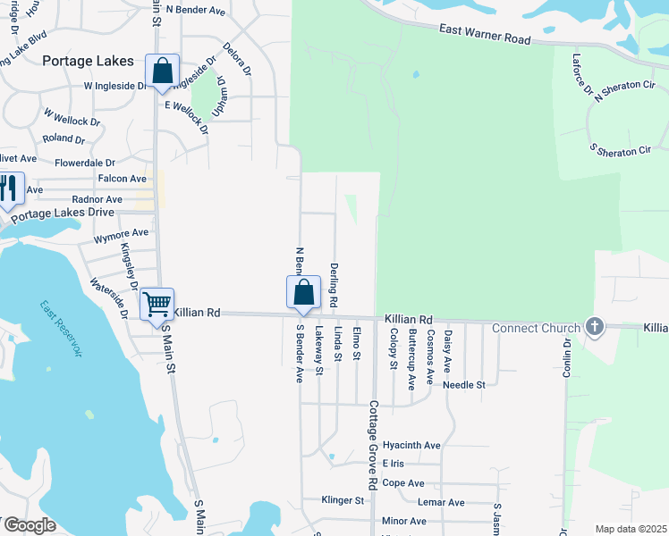 map of restaurants, bars, coffee shops, grocery stores, and more near 3059 Derling Road in Akron