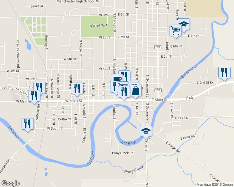 map of restaurants, bars, coffee shops, grocery stores, and more near 109 North Market Street in North Manchester