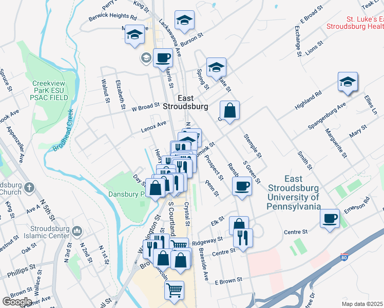 map of restaurants, bars, coffee shops, grocery stores, and more near 62 Analomink Street in East Stroudsburg