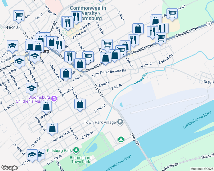 map of restaurants, bars, coffee shops, grocery stores, and more near East 8th Street in Bloomsburg