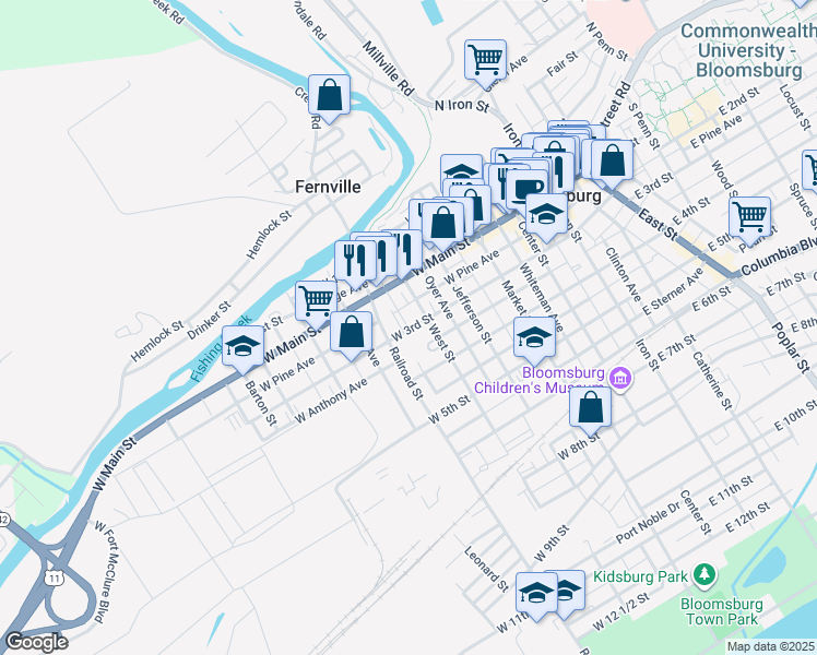 map of restaurants, bars, coffee shops, grocery stores, and more near 346 West 3rd Street in Bloomsburg