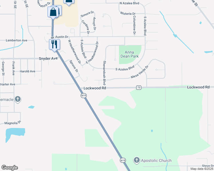 map of restaurants, bars, coffee shops, grocery stores, and more near 387 Shenandoah Boulevard in Barberton