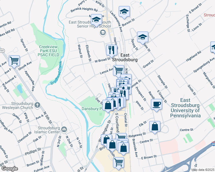 map of restaurants, bars, coffee shops, grocery stores, and more near 91 Henry Street in East Stroudsburg