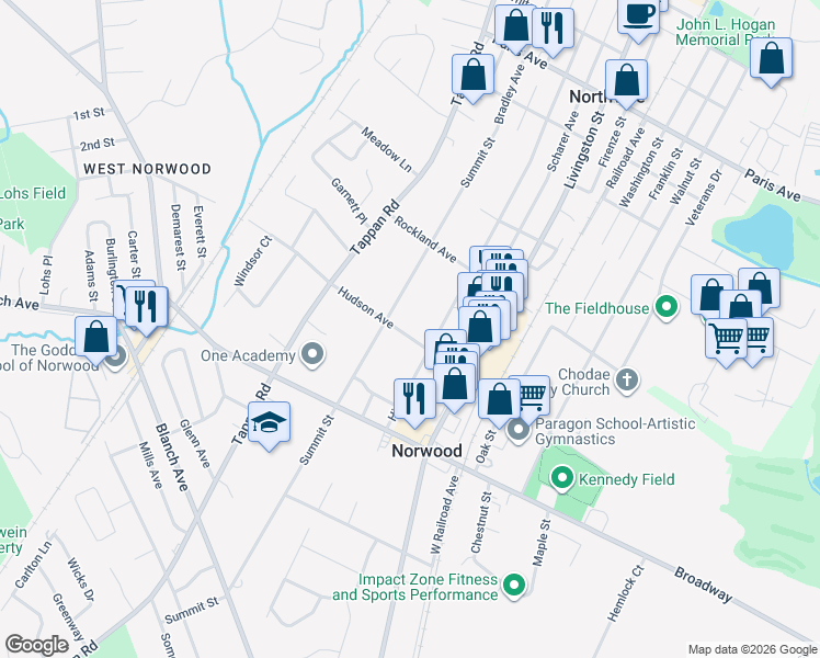 map of restaurants, bars, coffee shops, grocery stores, and more near 234 Hudson Avenue in Norwood