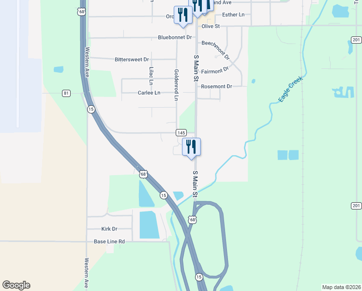 map of restaurants, bars, coffee shops, grocery stores, and more near 11915 Township Road 145 in Findlay