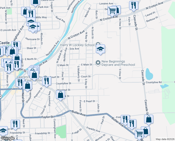 map of restaurants, bars, coffee shops, grocery stores, and more near 205 South Ray Street in New Castle