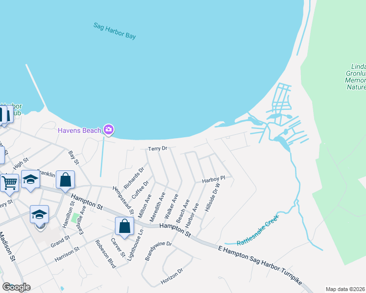 map of restaurants, bars, coffee shops, grocery stores, and more near 12 Sound View Drive in Sag Harbor