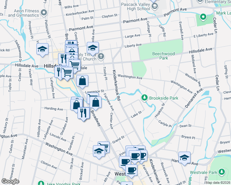 map of restaurants, bars, coffee shops, grocery stores, and more near 534 Kinderkamack Road in Hillsdale