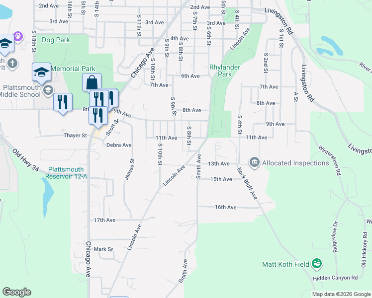 map of restaurants, bars, coffee shops, grocery stores, and more near 1206 South 8th Street in Plattsmouth
