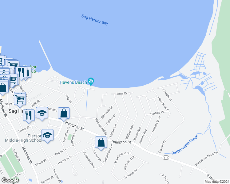 map of restaurants, bars, coffee shops, grocery stores, and more near 15 Terry Drive in Sag Harbor