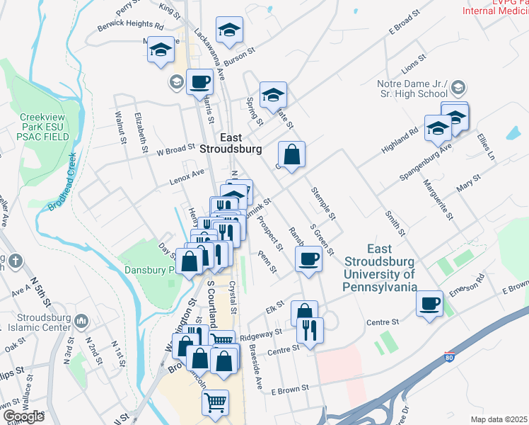 map of restaurants, bars, coffee shops, grocery stores, and more near 20 Prospect Street in East Stroudsburg