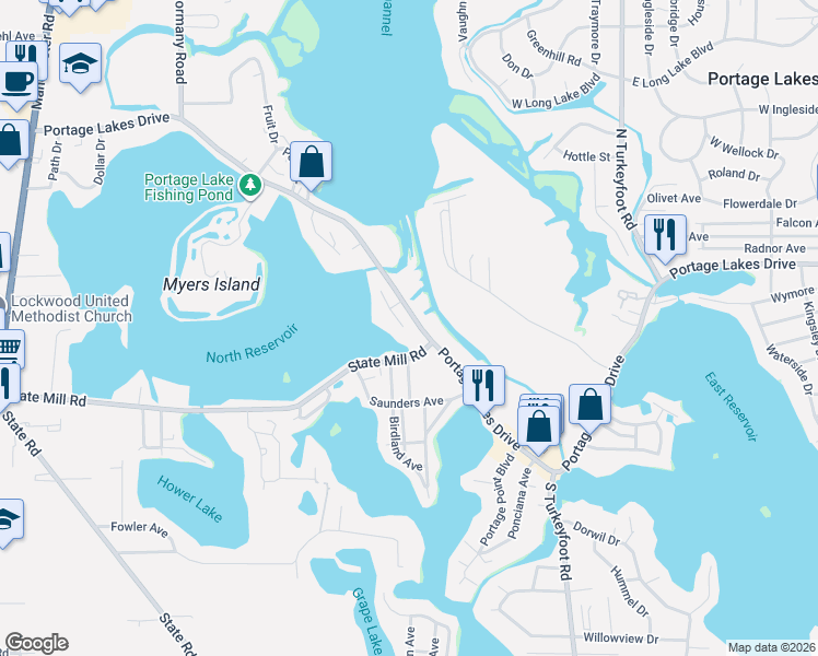 map of restaurants, bars, coffee shops, grocery stores, and more near 688 Barbara Court in Akron