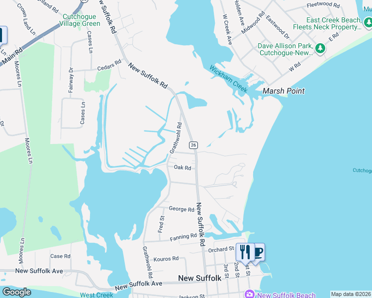 map of restaurants, bars, coffee shops, grocery stores, and more near 320 Wicks Road in Cutchogue