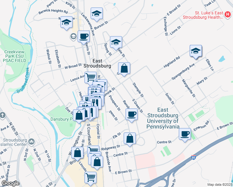 map of restaurants, bars, coffee shops, grocery stores, and more near 19 Ransberry Avenue in East Stroudsburg