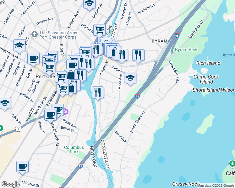 map of restaurants, bars, coffee shops, grocery stores, and more near 99 Mead Avenue in Greenwich