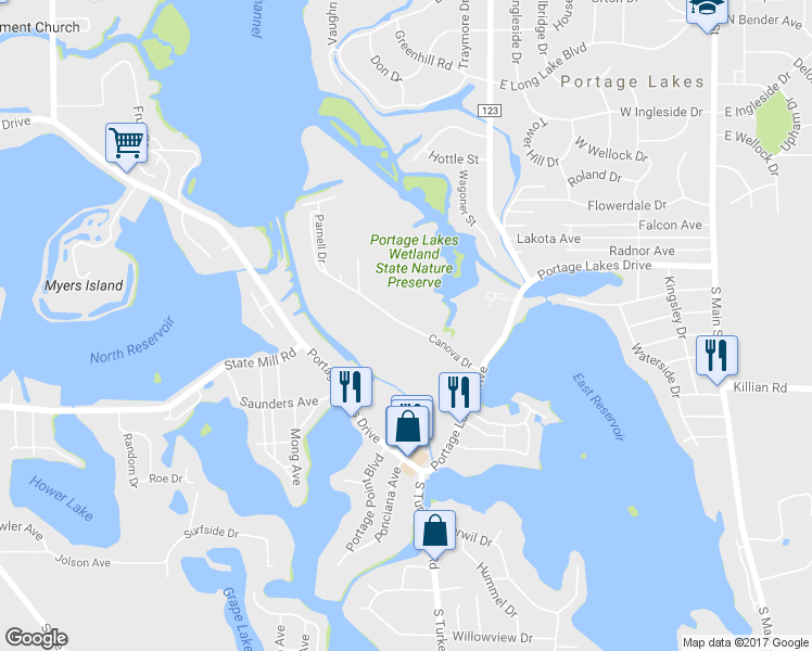 map of restaurants, bars, coffee shops, grocery stores, and more near 295 Canova Dr in Akron