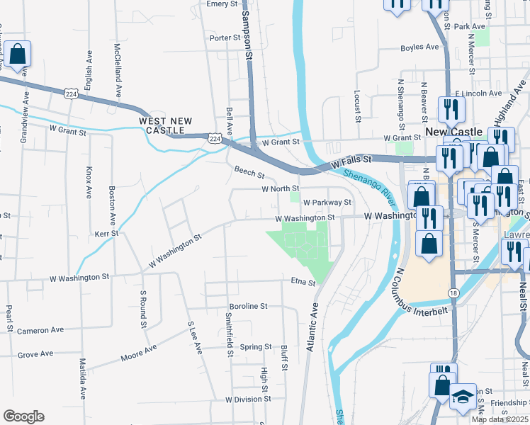 map of restaurants, bars, coffee shops, grocery stores, and more near 708 West Washington Street in New Castle