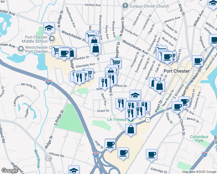 map of restaurants, bars, coffee shops, grocery stores, and more near 150 South Regent Street in Port Chester
