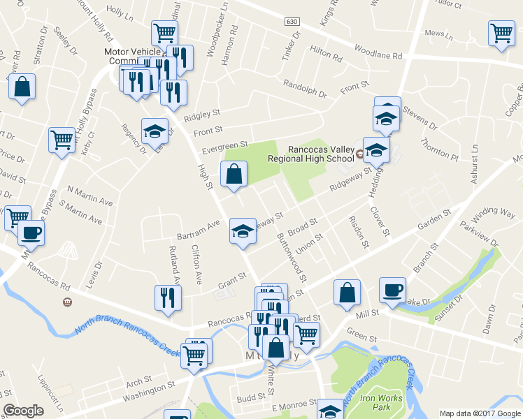 map of restaurants, bars, coffee shops, grocery stores, and more near 400 Buttonwood St in Mt Holly