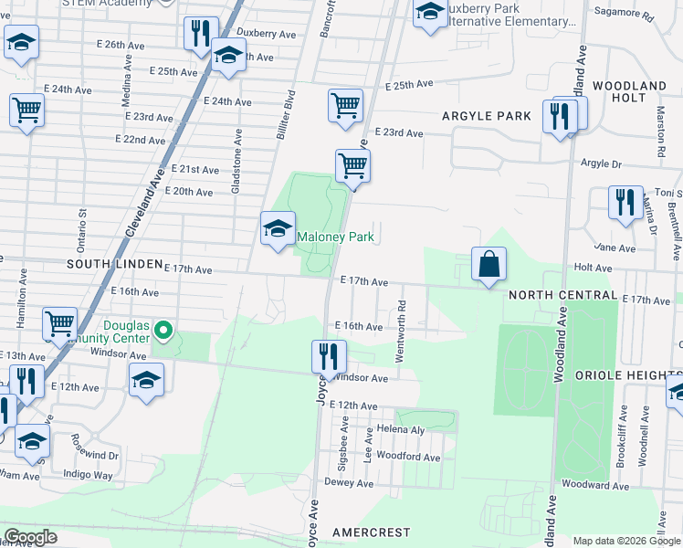 map of restaurants, bars, coffee shops, grocery stores, and more near 1578 East 17th Avenue in Columbus