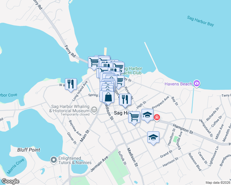 map of restaurants, bars, coffee shops, grocery stores, and more near 15 Church Street in Sag Harbor