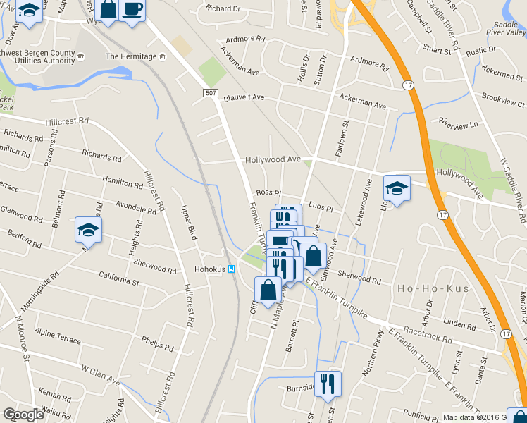 map of restaurants, bars, coffee shops, grocery stores, and more near 76 Franklin Turnpike in Ho-Ho-Kus