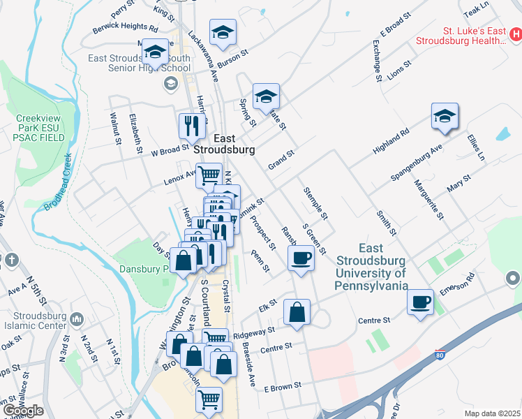 map of restaurants, bars, coffee shops, grocery stores, and more near 20 Prospect Street in East Stroudsburg