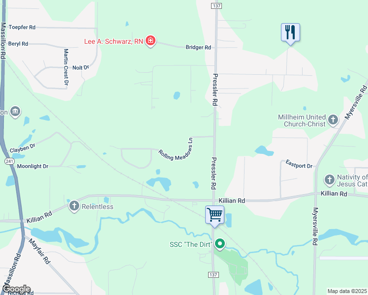 map of restaurants, bars, coffee shops, grocery stores, and more near 2069 Rolling Meadows Lane in Akron