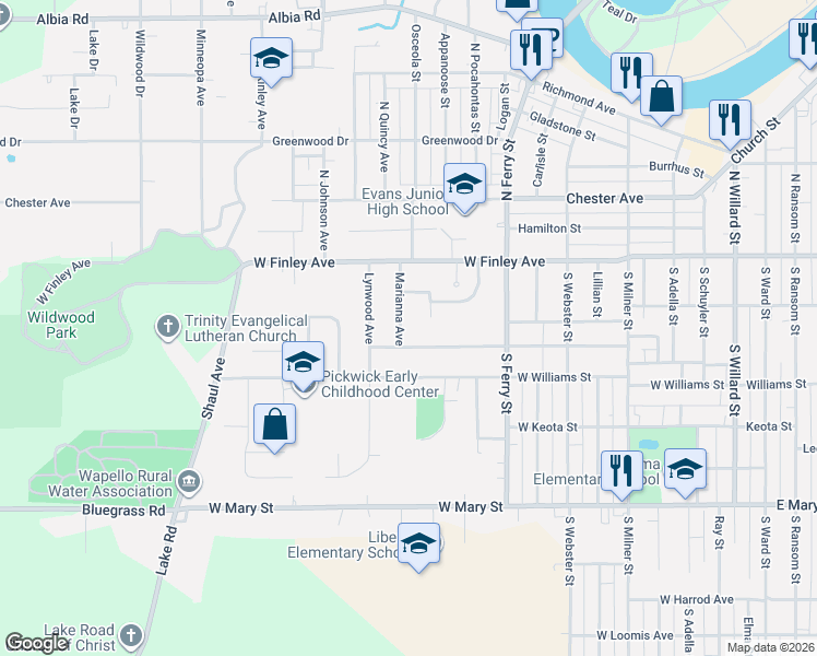 map of restaurants, bars, coffee shops, grocery stores, and more near 1001-1025 Glenwood Avenue in Ottumwa