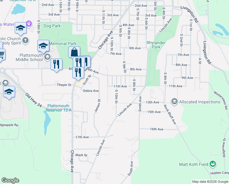 map of restaurants, bars, coffee shops, grocery stores, and more near 1201 South 10th Street in Plattsmouth