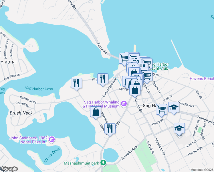 map of restaurants, bars, coffee shops, grocery stores, and more near 106 Long Island Avenue in Sag Harbor