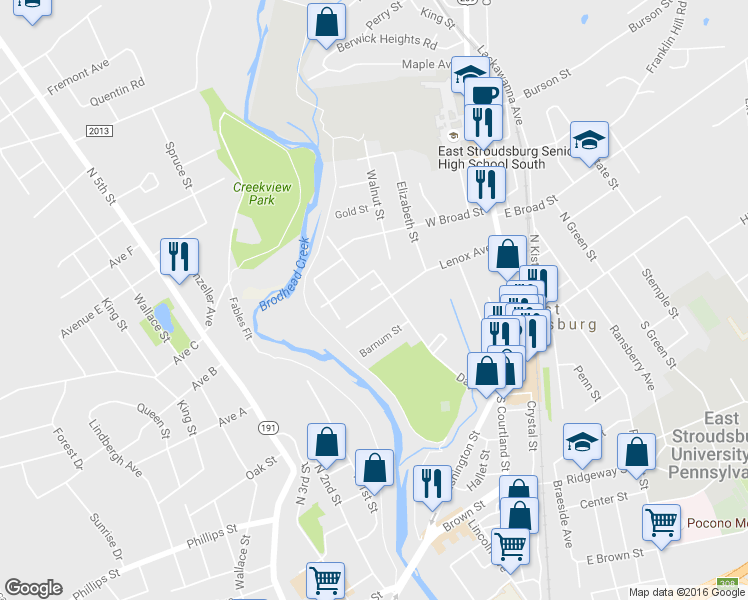 map of restaurants, bars, coffee shops, grocery stores, and more near 164 Lenox Avenue in East Stroudsburg