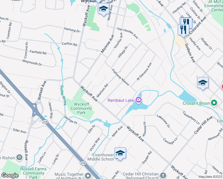 map of restaurants, bars, coffee shops, grocery stores, and more near 383 Sunset Boulevard in Wyckoff