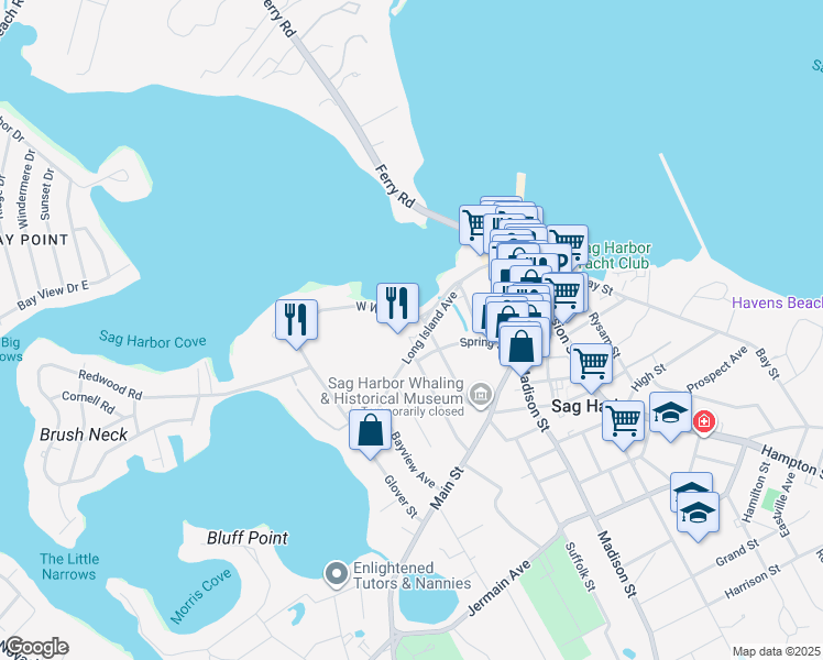 map of restaurants, bars, coffee shops, grocery stores, and more near 106 Long Island Avenue in Sag Harbor