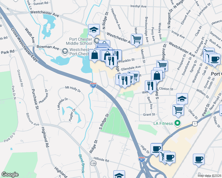 map of restaurants, bars, coffee shops, grocery stores, and more near 256 South Ridge Street in Rye Brook